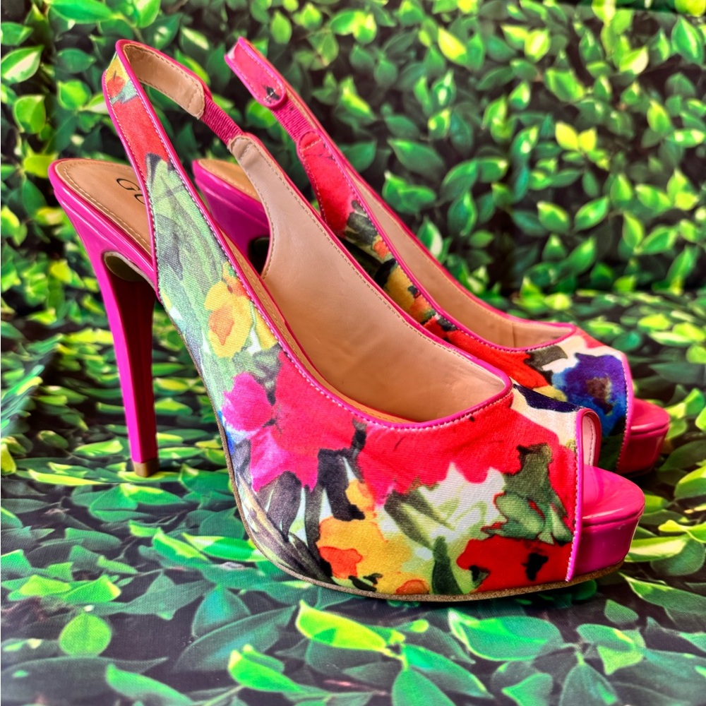 Guess Pink Floral Peep-Toe Heels